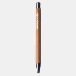A wooden pen with a black tip, featuring a logo on the barrel. The pen has a natural bamboo finish.