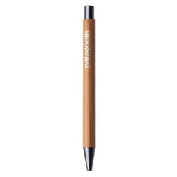 A wooden pen with a black tip. The pen features a logo printed on its body.