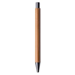 A bamboo pen with a black tip, featuring a sleek and simple design, and a branding logo.