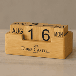 A bamboo perpetual calendar featuring wooden blocks to display the date and month, with a Faber-Castell logo.