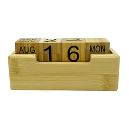 A bamboo perpetual calendar featuring cubed date and month blocks in a natural wood holder.