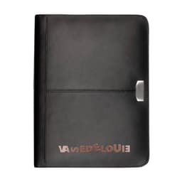 A black leather zippered 3-ring compendium featuring a sleek design and a logo on the front.
