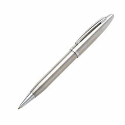 A metal pen in a sleek silver finish, featuring a glossy clip and subtle branding.