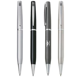 Four assorted pens in silver, black, dark grey, and light grey, featuring a logo on one of them.