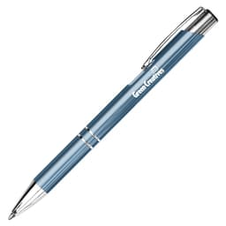 A metal pen in a blue colour with a silver clip and a branding logo.