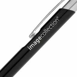 A metal pen with a sleek black body and a shiny silver clip, featuring a logo on the side.