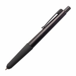 A black 2 in 1 stylus pen with a comfortable grip and a clip for easy attachment. It includes a branding logo.