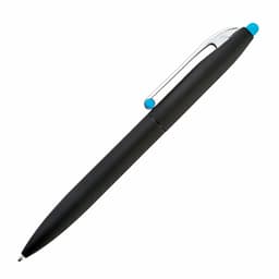 A black pen with a silver clip and a turquoise accent on the top. It features a sleek design and a branding logo.