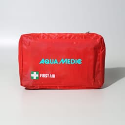 A red first aid kit featuring a logo, designed to hold 45 pieces for health and personal care.