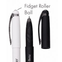 A Fidget Gel Pen in white and black, featuring a roller ball tip and a sleek design with a logo.