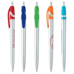 A collection of five silver metal pens with coloured accents in blue, green, orange, and turquoise. Each pen features a logo.
