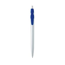 A metal pen with a silver body and blue accents, featuring a smooth design and a logo on the barrel.