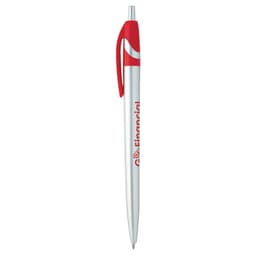 A metal pen in silver with a red clip and branding.