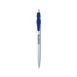 A metal pen in silver with a blue accent and a logo on the barrel.