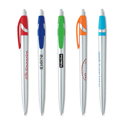 A selection of silver metal pens in various colours, featuring clips in red, blue, green, orange, and turquoise.