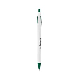 A curved pen in white with green accents, featuring a logo on its body.