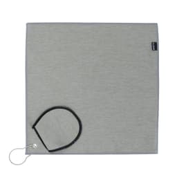 A grey golf towel with a black loop and branding tag, featuring a sleek and simple design.