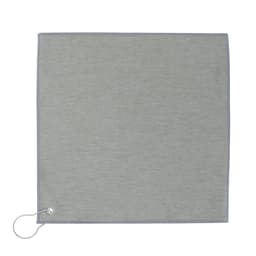 A grey golf towel with a silver eyelet and loop for hanging. It has a simple, clean design.