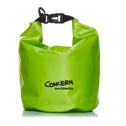 A bright green 5L dry bag with a buckle closure and a logo on the front.