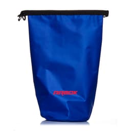 A blue dry bag with a black closure and a logo at the bottom.