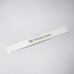 A white ruler with markings and a logo, designed for office and business use.