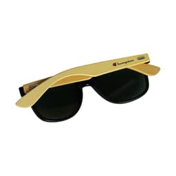 Sunglasses with black lenses and bamboo-coated arms, featuring a logo on the side. Suitable for leisure and outdoor activities.