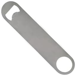 A drink bottle opener in silver stainless steel with a circular end and a bottle cap opening feature.