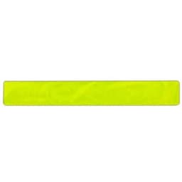 A reflective slap wristband in bright yellow, featuring a smooth, flexible design and a logo.