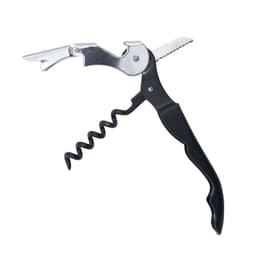 A drink bottle opener in silver and black with a corkscrew and lever function, featuring a logo.