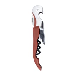A drink bottle opener in red and silver, featuring a corkscrew mechanism and a branding logo.