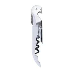 A drink bottle opener in silver and white with a corkscrew and a knife, featuring a logo on the handle.