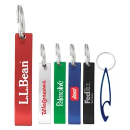 A set of variously coloured drink bottle openers in red, silver, green, black, and blue, each with a branding logo.
