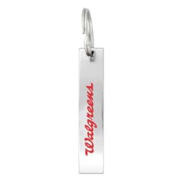 A drink bottle opener in silver with a loop for attachment, featuring a red logo.