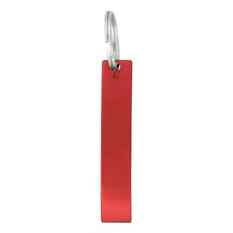 A drink bottle opener in a sleek red finish with a metal loop for easy attachment.