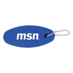 A blue floating keychain with a rounded shape and a metal ball chain attachment. It features a logo.