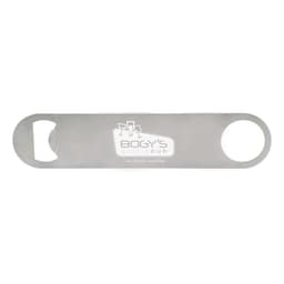 A drink bottle opener in silver stainless steel with a round hole and a logo.