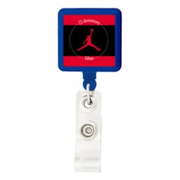 A blue rectangle badge holder with a clear clip and a logo in the centre featuring a red and black design.
