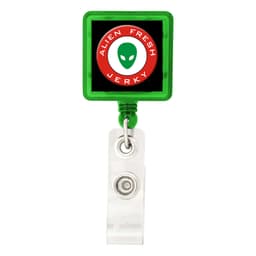 A green rectangle badge holder with a clear clip and a logo inside.