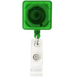 A green rectangle badge holder with a retractable reel and a clear clip for attaching to clothing.