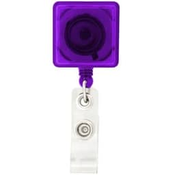A purple rectangle badge holder with a clear clip and a round reel for easy attachment.