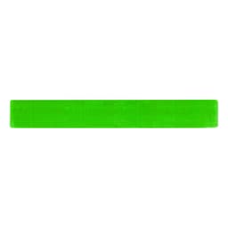A bright green reflective slap wristband with a textured surface, featuring a logo.
