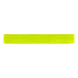 A reflective slap wristband in bright yellow featuring a textured surface and a logo.