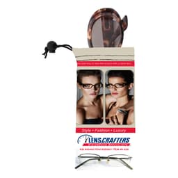 A microfibre sunglass pouch in cream and brown, featuring images of stylish eyewear and a drawstring closure.