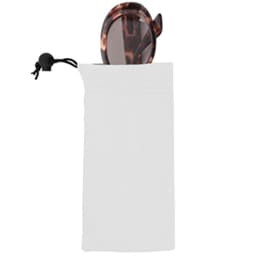 A white microfibre sunglass pouch with a pair of glasses partially visible inside. Features a drawstring closure.
