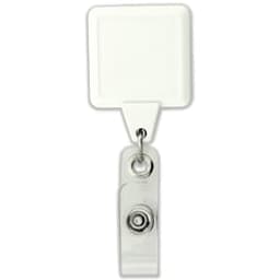 A clear rectangular badge holder with a retractable reel and metal clip. It features a white square attachment.
