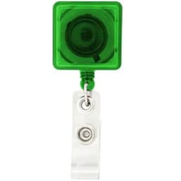 A green square badge holder with a clear clip for attaching to clothing or accessories.