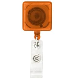 An orange rectangle badge holder with a retractable reel and a clear clip attachment.