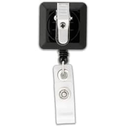 A Rectangle Badge Holder in black with a silver clip and a clear plastic strap. It includes a logo on the holder.