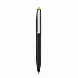 A black pen with a green top, featuring a sleek design and a branding logo on the side.