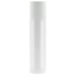 A clear lip balm container with a white cap, featuring a simple design and a visible branding logo.